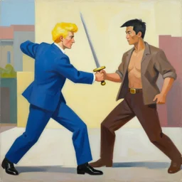 a blond man in a blue suit with swinging a sword at an asian man, organic painting, sunny day, matte painting, bold shapes, hard edges, street art, trending on artstation, by huang guangjian, gil elvgren, ruan jia, randy vargas, greg rutkowski