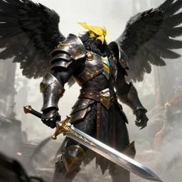 Black Aarakocra Eagle Warlord, Yellow Beak, epic armor,wielding longsword, epic character portrait, dnd commission,epic rpg artwork,4K, 8K, very detailed, trending on artstation