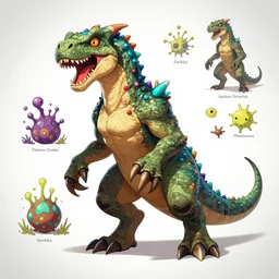half man half dinosaur creature character design sheet, Monster Hunter Illustrations art book, Bright colored accent on its fur, claws, muscular, spores, Zabrocki, Karlkka, Jayison Devadas, Phuoc Quan, trending on Artstation, 8K, ultra wide angle, zenith view, pincushion lens effect.