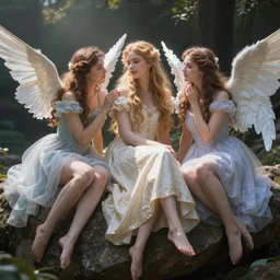 a fairy, a princess and an angel, all sitting on a rock
