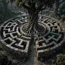 tall, root - gnarled stone labyrinth maze and trees, dark, volumetric lighting, 8 k octane beautifully detailed render, post - processing, extremely hyper - detailed, intricate, epic composition, cinematic lighting, intricate, trending on artstation, stunning art by simonetti, wonderful masterpiece by ken kelly