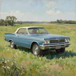 chrome impala in a field, oil on canvas, extremely detailed masterpiece