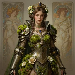 hyperdetailed portrait of beautiful queen's flower moss armored girl. by greg rutkowski, highly detailed portrait, digital painting, artstation, concept art, smooth, sharp foccus ilustration, artstation hq. intricate, elegant. art by wlop and artgerm and greg rutkowski, alphonse mucha, medium shot. dan mumford, tomokazu matsuyama, takato