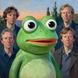 portrait of pepe the frog in summer dawn, positive atmosphere, cool vibes, norman rockwell, tim hildebrandt, bao phan, bruce pennington, larry elmore, oil on canvas, deep depth field, masterpiece, cinematic composition, hyper - detailed, hd, hdr