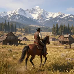 still of a man riding a horse into an old west town surrounded by farmland and woods, snow capped mountains in the background, red dead redemption, 4 k, realistic, very beautiful, digital art, elegant, highly detailed