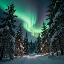 an aurora in a snowy forest, ultradetailed, ultrarealistic, intricate, ray tracing, volumetric lighting