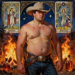 a dramatic, epic, ethereal painting of a (handsome) thicc shirtless cowboy with a beer belly wearing a large belt and cowboy hat | background is a late night campfire with food and jugs of whisky | homoerotic | fire, flames, stars, tarot card, art deco, art nouveau, mosaic, intricate | by Mark Maggiori | trending on artstation