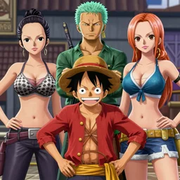 monkey d. luffy, roronoa zoro, and nami from one piece. group shot. gta 5 art style