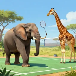 an elephant and a giraffe playing badminton, high detail, digital painting