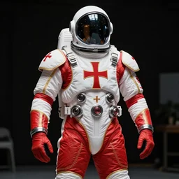 photography of red and white space suits designed for knights templar by rick owens, with the knights templar cross logo, golden linings, heroic posing, photo shoot, by annie leibovitz, sigma 85mm 1.4, glows, sharp, high contrast