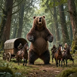 a detailed concept art of a big brown screaming standing up bear attacking three medieval gipsies in a medieval caravan with two horses in the sherwood forest. merchant wagon with a broken wheel. faces, swords, teeth. wide angle. trending on artstation, craig mullins, gopro lens. centered composition. 1 8 mm lens.