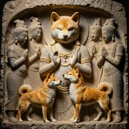 ancient stone bas relief depicting people worshipping a shiba inu god
