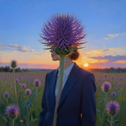 grand thistle flower under head, a girl in a suit in field of flowers, surreal photography, sunrise, blue sky, dramatic light, impressionist painting, digital painting, artstation, simon stalenhag