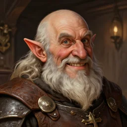 head and shoulders portrait in a tavern of a dwarf adventurer, jovial, scarred lip, grandfatherly, leather armor, male, high fantasy, d & d, by hans zatka, face details, extremely detailed, digital illustration