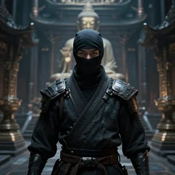 highly detailed portrait of a cyber ninja in a futuristic buddhist temple by wadim kashin, dark colors, high contrast