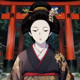 techwear kimono occultist, torii gate, inari shrine, miko, shindo, beautiful, detailed symmetrical close up portrait, intricate complexity, in the style of kyoto animation key visuals and takato yamamoto, artgerm, cel shaded