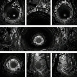 storyboard panel, wide shot, a dark tunnel entrance, creepy, grayscale