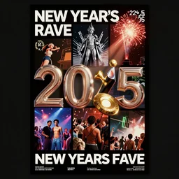 Poster for a New Year's Eve rave, pastiche, collage, postmodern, early 3DCG, late 90s