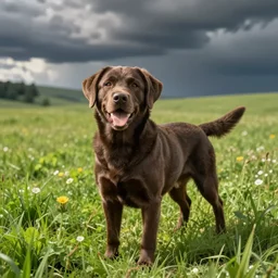 happy chocolate labrador on a green landscape by hayao miyazaki, studio ghibli and gediminas pranckevicius, very high detail