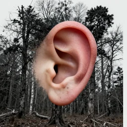 overstimulated by visual sound, large human ear, mixed media, unnatural trees, somber, sadness, sharpness, edgy punk modern graphic design collage art