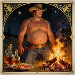 a dramatic, epic, ethereal painting of a handsome thicc shirtless cowboy with a beer belly wearing a large belt behind a campfire | background is a dark starry night | foreground has food and jugs of whisky | homoerotic | tarot card, art deco, art nouveau | by Mark Maggiori | trending on artstation