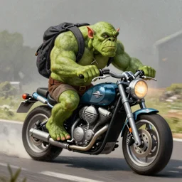 soft airbrush art of an orc driving a motorcycle