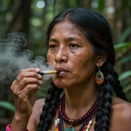 a beautiful portrait of an ashaninka woman taking tobacco snuff in the jungle, hyper realistic face, fantasy art, in the style of greg rutkowski, intricate, matte painting, hyper detailed, smooth