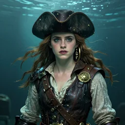 underwater steampunk pirate cowboy portrait of emma watson, hyper detailed, digital art, cinematic lighting, studio quality, smooth render, unreal engine 5, octane rendered, art style by klimt and nixeu and ian sprigger and wlop and krenz cushart.