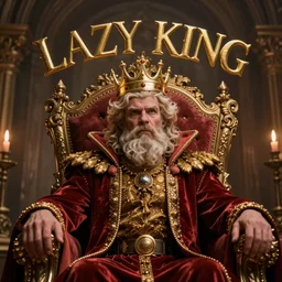 Robbie Rotten as king in his throne with a golden crown on his head with the w0rds LAZY KING above his head, unreal engine, realistic, 8k