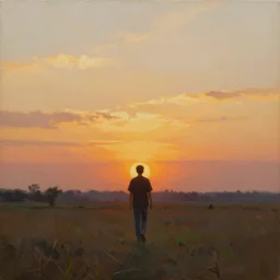 painting of a man away walking into the sunset, from a distance