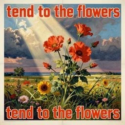 soviet propaganda poster of phrase'tend to the flowers ', socialist realism