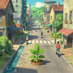 an optimistic futuristic city street with one or two mini cannabis pot - plant few cute leaves, scenic streams, idyllic crossing bridges and people riding e - scooters, pop motifs, by ghibli