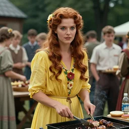 an image of a queen with tan skin long rippling cinnamon hair and emerald colored eyes in a medium full shot, vintage historical fantasy 1 9 3 0 s kodachrome slide german and eastern european mix. the queen is pictured attending a barbecue for youth volunteers. she is dressed in a yellow dress paired with floral accessories. ultra realistic, photorealistic, octane render, ray cinematic, cinema, hyper realistic, depth of field, cinematic lighting, photorealism, 8 k render, clarity, unreal engine.