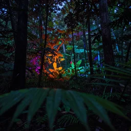 a rainforest clearing at night softly lit by multicolored lights, dim lighting, leaves in foreground, HD, 8k, high resolution, photo, surreal, album art