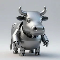 a mechanical cow with big head and horns, minimalist style, metal, 3D art, in style of Baymax, smooth
