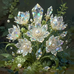 iridescent diaphanous refractive and reflective crystal crystalline pearly floral flower bouquet, verdant, lush, overgrown, fantasy, intricate, elegant, highly detailed, digital painting, artstation, concept art, matte, sharp focus, illustration, hearthstone, art by artgerm and greg rutkowski and alphonse mucha