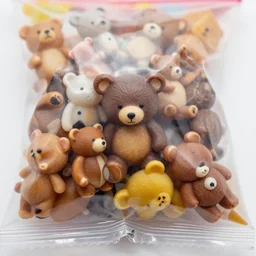 photograph macro shot of a candy plastic package bag full o tiny realistic looking bears