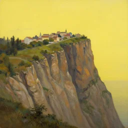 painting of cliff, the small city is on the top, yellow sky, view from mount, trending on artstation