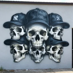 a spraypainted dark 8 0 s mural of skulls wearing baseball caps, in the style of hiphop, intricate, high detail, artstation, dark color scheme