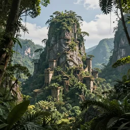 realistic jungle fortress high in the mountains, lush jungle, in the style octane render, trending on art station by national geographic