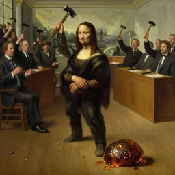 marvellous painting of crying amber turd loosing the trail to johnny depp in a full room of judges all swinging a hammer to her loss, oil painting by leonardo davinci, 4k, high resolution