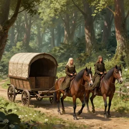 a detailed concept art of three medieval gipsies in a medieval caravan with two horses. in sherwood forest path. merchant wagon with a broken wheel. sunny day. shadows. wide angle. trending on artstation, craig mullins, gopro lens. centered composition.