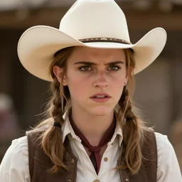 emma watson as a cowboy in a western movie directed by sergio leone, angry expression, promotional image, detailed face, movie still frame, letterbox aspect ratio, techniscope 3 5 mm film