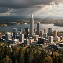 star wars concept art by greg rutkowski, a post - modern city near to a big lake and a boreal forest, sharp foccus, cinematic ilumination, nostalgic atmosphere.