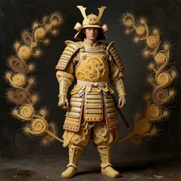 intricate samurai armor made of fractals of spaghetti, zoomed out, full body, full frame, whole body, background, wide angle, by giuseppe arcimboldo and ambrosius benson, renaissance, a touch of beksinski, realistic