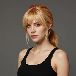 portrait of woman with strawberry blond hair by bastien lecouffe - deharme and charles bowater, bangs, ponytail, greg rutkowski, black tank top, inspired by diablo concept art