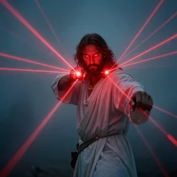 Jesus shoot Zeus with red lazers from eyes deep color