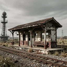 abandoned train stop, steampunk style, fantasy style, super high detail, super high quality, talented artist, trending on artstation