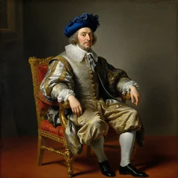 An oil painting in baroque style, from 1660, of an old man sitting on a chair. By Édouard Manet and Rembrandt, detailed. The man is wearing a detailed blue hat on his head. He is wearing detailed royalty clothes, and his hands are on his knees. The chair he is sitting on is a beautiful chair, red and gold colours.