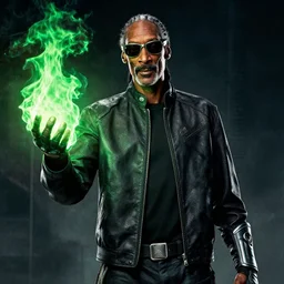 Snoop Dogg starring as a futuristic Marvel Super Hero holding green fire for a 2022 Marvel Movie poster, epic